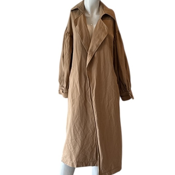 The Hidden Bee Puff Sleeve Cotton Tan Maxi Open Trench Coat Size M - Picture 4 of 13